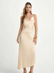CAJUNI Solid Color Draped Backless Elegant Sexy Spaghetti Strap Dress - Apricot - View 5
