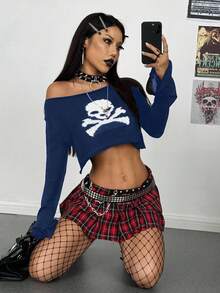 StreetHx New Halloween Black & White Hollow Out Cropped Loose Fashionable Mischievous Dark Bell Sleeve Sweater - Navy Blue - View 3