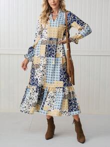 SHEIN LilyWest Váy họa tiết hoa Bohemian phối màu cho nữ có tua rua, viền nhún bèo, tay dài, cổ buộc, dáng rộng, nhiều màu, mùa thu - Nhiều màu - Xem 4