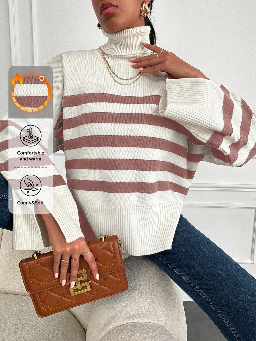 SHEIN Cottnline 女士休闲拼色条纹超大高领落肩毛衣,秋冬 - 乾枯玫瑰色 - 查看 1