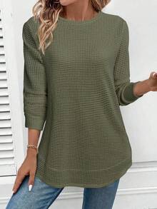 SHEIN LUNE 女式休闲运动衫，不对称下摆，纹理提花条纹面料 - 橄欖綠 - 查看 4