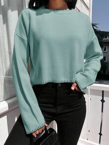 RueChic Women's Solid Color Crew Neck Drop Shoulder Long Sleeve Casual Sweater, Fall/Winter - Mint Green - View 6