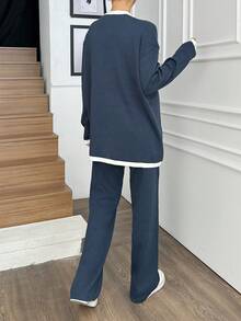 EURMUSE Women Simple Solid Color Patchwork Front Button Long Sleeve Top And Pants Two Piece Set, Casual - Navy Blue - View 2