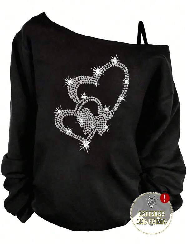 EMERY ROSE Plus Size Casual Heart Print Solid Color Asymmetric Collar Long Sleeve Sweatshirt Autumn And Winter,Fall Clothes For Women Y2k Clothes Women Tops Black Rhinestone Top Black Y2k Top Bling Top Black Long Sleeve Top Black Off Shoulder Top Graphic