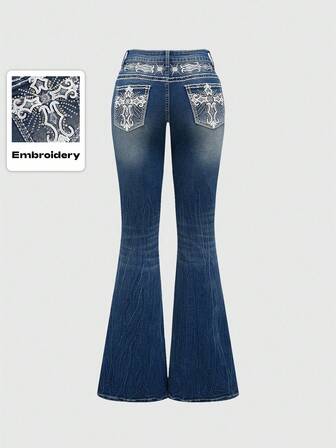 PETITE Y2K Vintage Crop Flare Jeans mit niedriger Taille für Frauen mit kreuzförmiger Stickerei an den Taschen