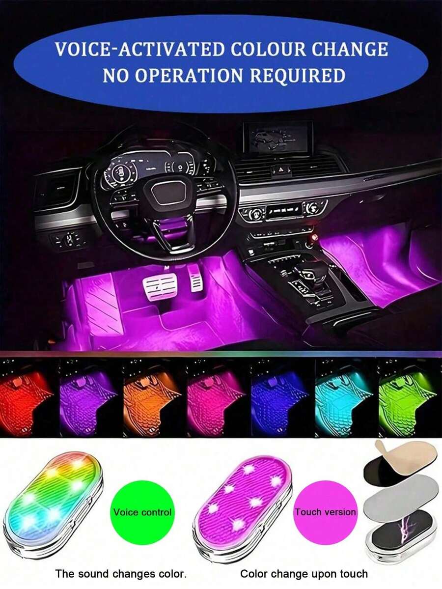 Teckwe 7-Color Magnetic Car Interior Atmosphere Lights Wireless, Mini USB C Rechargeable Car LED Lights, Interior With 6 Bright LED Beads Car Audio Control Lights Are Suitable For Car Decoration, Home Life, Party Decoration Night Lights.