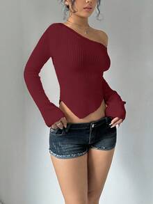 SHEIN Unity Áo len chui đầu dáng ôm cổ bất đối xứng màu trơn đơn giản, thoải mái khi đi làm hàng ngày dành cho nữ, mùa thu - Đỏ - Xem 4