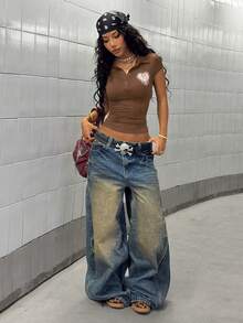 StreetHx Women's Casual Solid Color Rhinestone Print Turndown Collar Short Sleeve T-Shirt, Spring/Summer - Brown - View 6