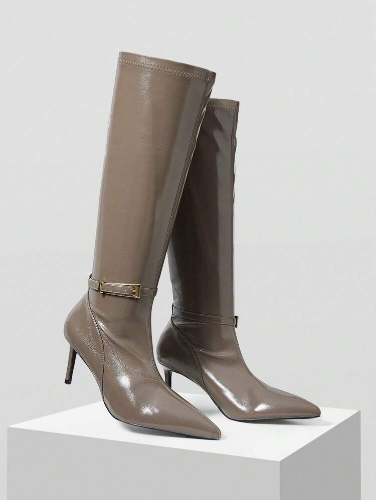 WOMEN'S FASHION METAL BUCKLE POINTED TOE STILETTO KNEE-HIGH BOOTS, SUITABLE FOR DATES AND PARTIES FOR CHRISTMAS