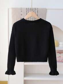 Tween Girl Y2K Sweet Bowknot Embellished Vintage Knit Sweater, Casual Versatile Back To School Winter - Black - View 2