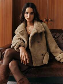 Anewsta معطف نسائي قصير من الفرو الناعم الفضفاض مزدوج الصدر للخريف/الشتاء، معطف من الفرو الصناعي للاستخدام اليومي، الخروج، الأناقة، الأناقة، الرسمي