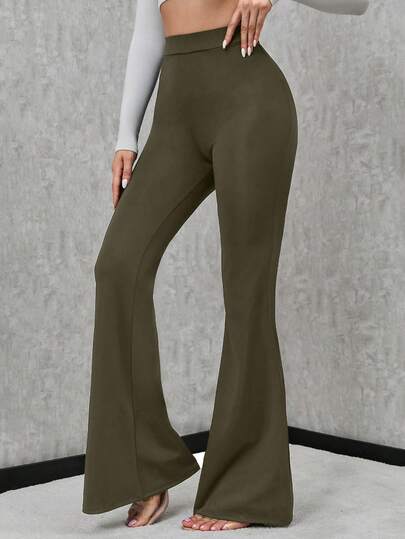 High Waist Solid Elegant Flare Leg Pants