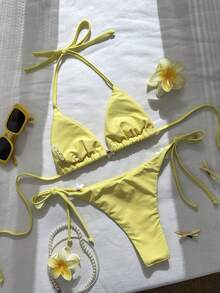 Swim Mod Women's Solid Color Halter Floral Decor Bikini Set, Spring/Summer - Yellow - View 4