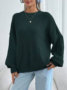 SHEIN Cottnline Women Solid Color Round Neck Drop Shoulder Chunky Pullover - Green - View 6