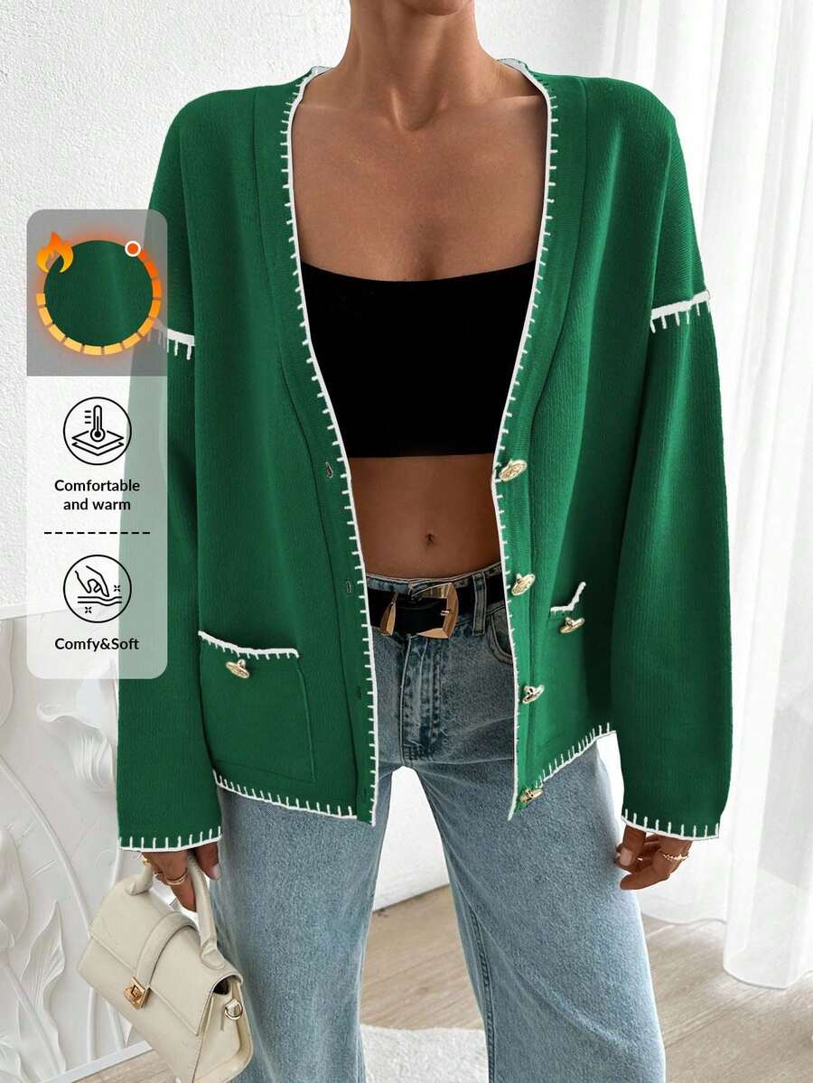 EURMUSE Women Solid Color Deep V-Neck Handmade Stitch Detailed Cardigan - Green - View 1
