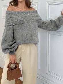 EURMUSE Elegant Off Shoulder Neck Line Rib Knit Balloon Sleeve Oversize Cozy Pullover For Winter - Grey - View 8