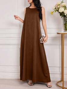 Al Najma Đầm Ả Rập không tay cổ tròn đơn sắc, thường ngày, đa năng dành cho nữ - màu nâu - Xem 6