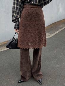 Livesso Autumn/Winter Velvet Lace Trim Flared Skirt Pants, 2 In 1 Casual/Office Elegant Brown Trousers For Women