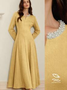 Aveloria Rosie 绿色绒面天鹅绒 V 领长袖连衣裙，带水钻饰边，优雅收腰女式连衣裙 - 黃色 - 查看 1