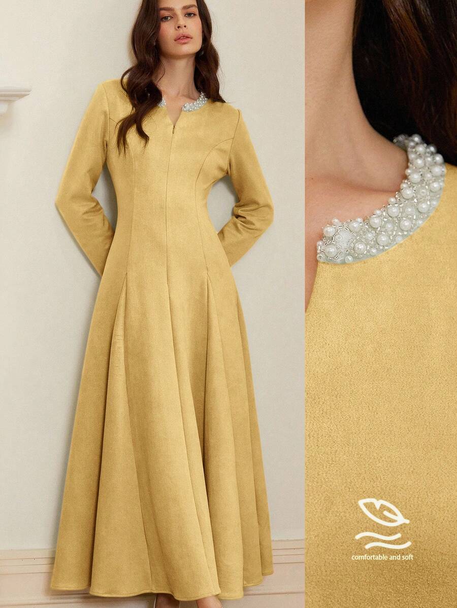 Aveloria Rosie 绿色绒面天鹅绒 V 领长袖连衣裙，带水钻饰边，优雅收腰女式连衣裙 - 黃色 - 查看 1