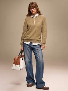 Hanevo Women's Casual Solid Color Zipper Half-Zip Long Sleeve Sweatshirt - Mocha Brown - View 3