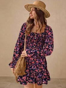 Wildy BY0424-Z 黑色和红色花朵印花女式短裙 - 黑色 - 查看 3