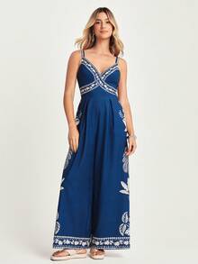 CAJUNI Women's Tropical Print Shirred Back Camisole Wide Leg Jumpsuit, Summer Vacation Style - Blue - View 4