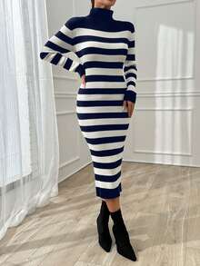 EURMUSE Women Stripe Pattern Turtleneck Long Sweater Dress,Petite - Navy Blue - View 7