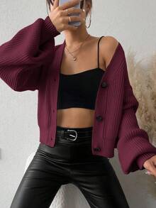 EURMUSE V-Neck Long Lantern Sleeve Casual Knit Cardigan With Front Buttons - Burgundy - View 4