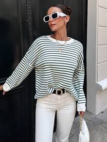 EURMUSE Striped Pattern Drop Shoulder Sweater - Dusty Blue - View 3