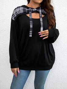 SHEIN LUNE Sudadera con capucha de mujer talla grande con estampado de cuadros y cordón, adecuada para ceremonias de graduación, regreso a clases, uniformes de maestras, para otoño e invierno - Negro - Ver 3
