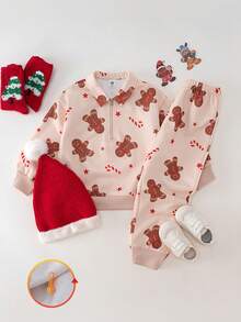 THE HAPPY LOOK 2pcs Young Boy Gingerbread Man Cartoon Pattern Knit Soft Collar Long Sleeve Half-Zip Pullover Top And Elastic Waist Pants Set