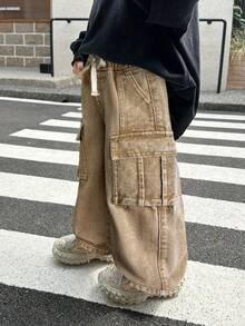 SHEIN Little Byeori 男童做旧街头酷炫卡其色牛仔抽绳腰宽松工装牛仔裤，休闲百搭，适合秋冬日常穿着和街头潮流，也适合万圣节、圣诞节、新年、感恩节等场合。 - 卡其色 - 查看 6