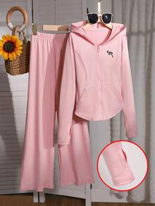SHEIN 青少年女孩蝴蝶印花拉链连帽衫和阔腿裤休闲装，秋季 - 粉色 - 查看 7