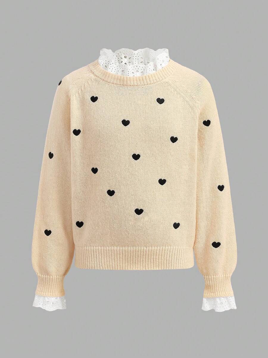 SHEIN Tween 女童休闲家居服套头衫,优雅刺绣蕾丝花边心形图案宽松插肩袖针织毛衣,柔软舒适厚实的秋冬女装 - 卡其色 - 查看 1
