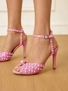 CUCCOO HITCHD 女士闪亮珍珠装饰圆头细高跟凉鞋，优雅甜美奢华浪漫性感时尚宫廷风，浅粉色闪亮女士高跟礼服鞋，新娘婚鞋，时尚露趾鞋，适合约会、派对、婚礼、舞会、新年等场合 - 淺粉色 - 查看 6