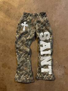 Glimmora Men's Casual Letter & Cross Patch Elastic Waist Sweatpants, Autumn - Multicolor - View 1