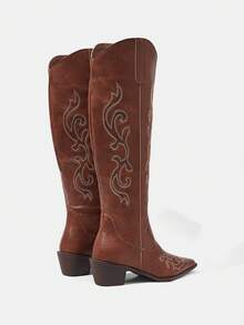 Styleloop Botas altas de estilo occidental con bordado marrón para mujer - Marrón - Ver 5