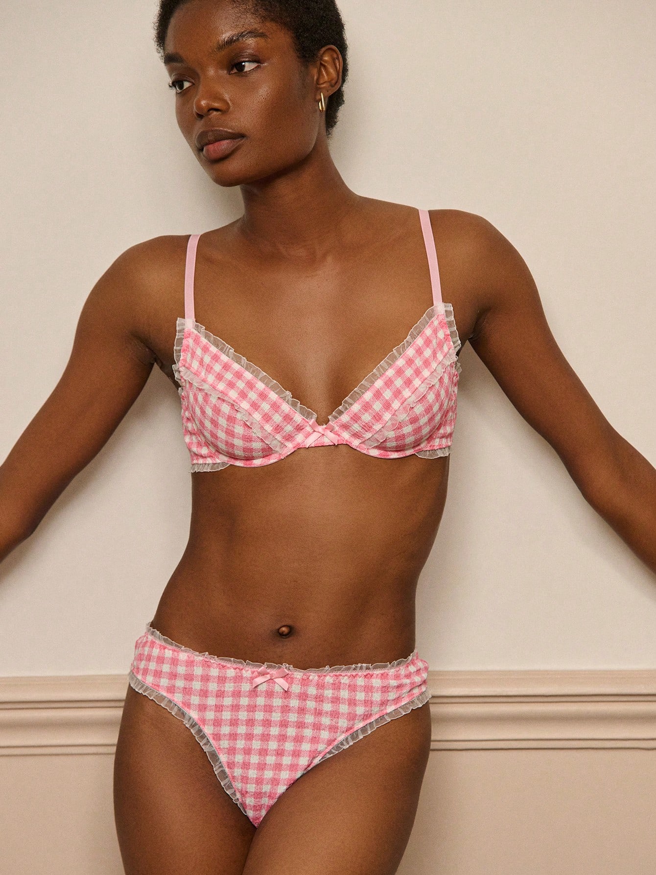 Pink Gingham Lingerie Set With Lace Ruffle Trim And Bow Detail Vintage Style Lingerie Set Pink Lingerie Set
