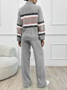 SHEIN Tall 女士几何图案高领毛衣 2 件/套 - 灰色 - 查看 2
