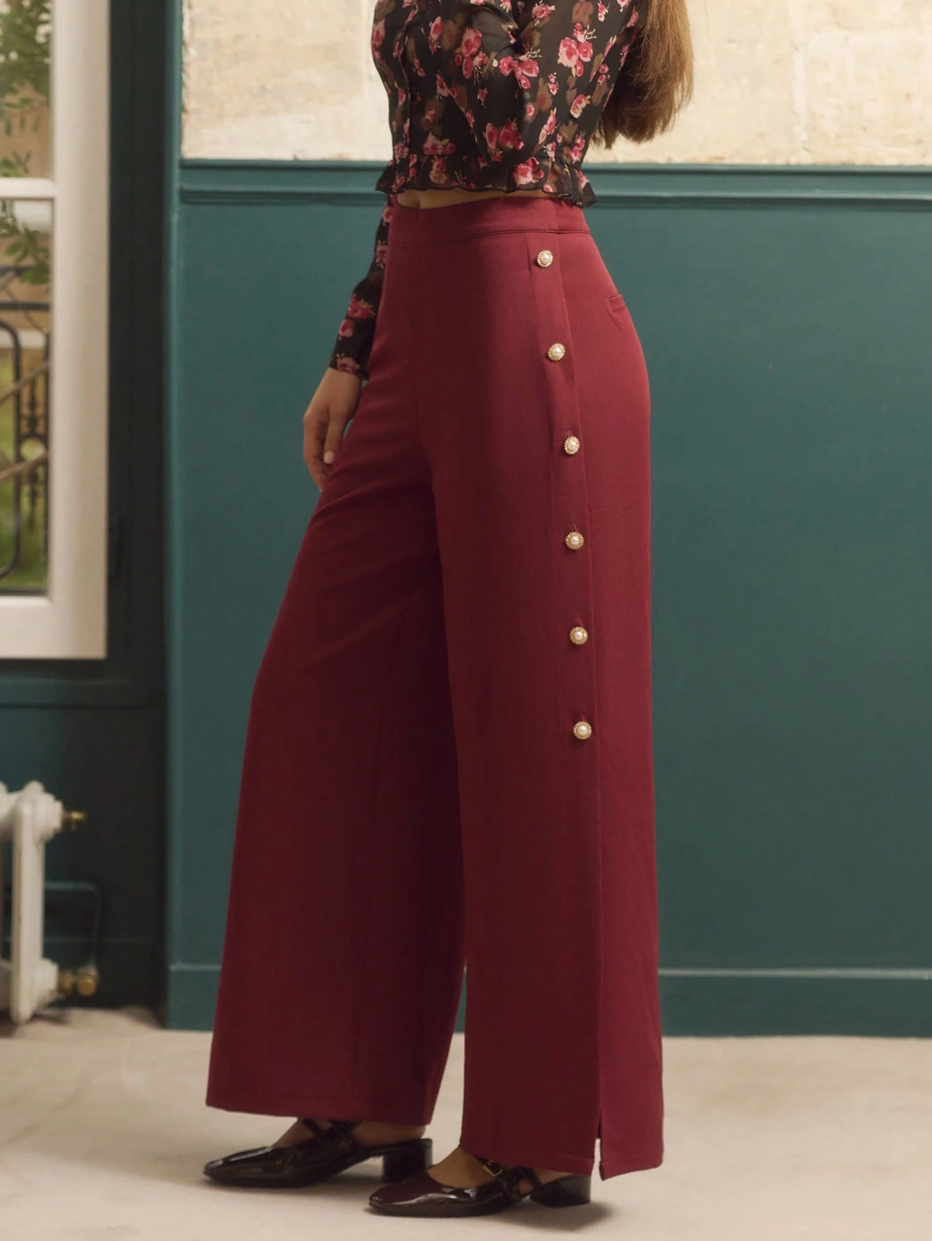 High-Waisted Wide-Leg Burgundy Pants With Gold Side Buttons And Adjustable Slits, Chic Fall-Winter Business Casual Pants Office Outfits