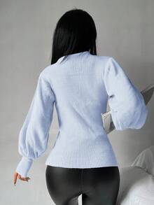 EURMUSE Pull col roulé décontracté avec boutons, automne/hiver pour femmes - Bleu ciel - Voir 2