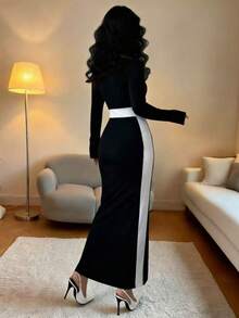 Rafferiza Váy dài tay ôm sát viền tương phản thanh lịch dành cho nữ - Đen và trắng - Xem 2