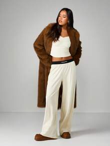 MISSGUIDED Cream Ribbed Lounge Set With Ruched Front Long Sleeve Top And Wide Leg Pants For Women Comfort Wear - Apricot - View 4