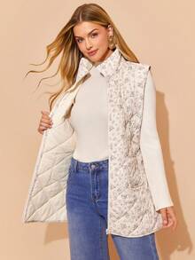 Amorya معطف خارجي أنيق وكاجوال للنساء بدون أكمام وياقة عالية، مطبوع بزهور المشمش، مناسب للخريف والشتاء