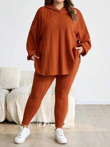 SHEIN CURVE+ 女式加大码卡其色棕色天鹅绒连帽衫和紧身裤套装，休闲条纹连帽上衣和紧身裤，冬季 - 棕色 - 查看 8