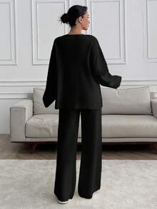 SHEIN Tall Tall Women V-Neck Oversize Sweater And Knit Pant Set - Black - View 3