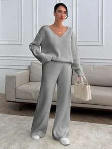 SHEIN PETITE Petite Damen V-Ausschnitt Oversized Pullover und Strick Hose Set