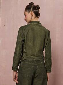 COUREZ Biker Denim Jacket With Lattice Detail /Y2K Winter Clothes For Women Going Out Tops New Year Winter Tops Winter Coats Jackets For Women - Olive Green - View 3