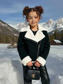 SHEIN Tween Girls' Black & White Contrast Faux Fur Suede Jacket, Casual Chic Everyday Fashion Autumn Winter Clothes Girlomen - Black - View 1